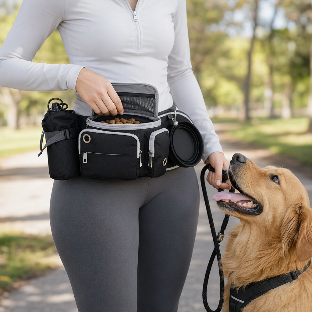 Dog Walk Waist Fanny Pack Treat Pouch with Collapsible Water Bowl and Water Bottle Holder- Large M/L Dogs (Black)