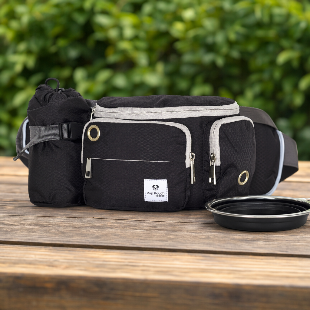 Dog Walk Waist Fanny Pack Treat Pouch with Collapsible Water Bowl and Water Bottle Holder- Large M/L Dogs (Black)