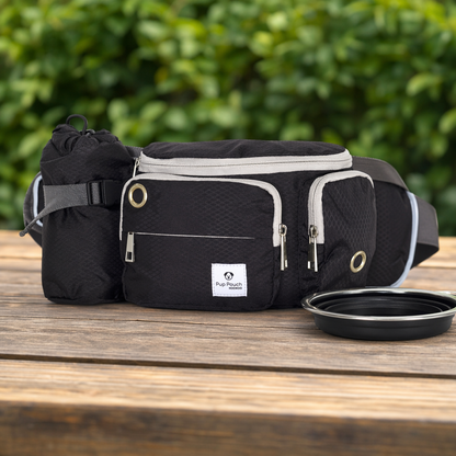 Dog Walk Waist Fanny Pack Treat Pouch with Collapsible Water Bowl and Water Bottle Holder- Large M/L Dogs (Black)